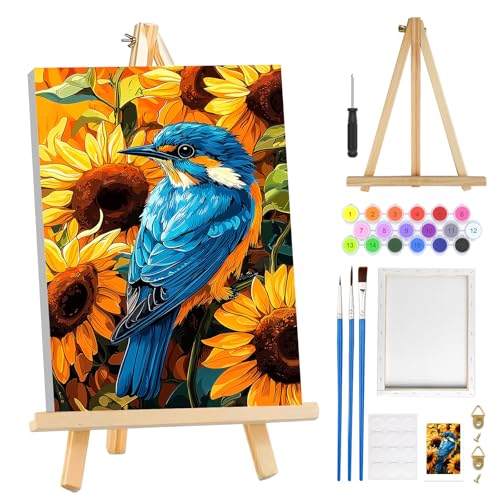 MOGTAA Vogel Malen Nach Zahlen Erwachsene mit Rahmen, Sonnenblume Malen Nach Zahlen Mit Holzstaffelei, DIY Ölgemälde Leinwand Set Acrylic Malerei Bilder für Home Dekor, 20x30cm von MOGTAA
