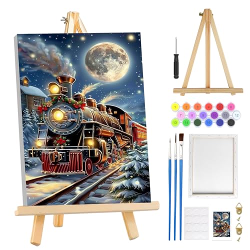 MOGTAA Weihnachten Malen Nach Zahlen Erwachsene mit Rahmen, Weihnachten Zug Malen Nach Zahlen Mit Holzstaffelei, DIY Ölgemälde Leinwand Set Acrylic Malerei Bilder für Home Dekor, 20x30cm von MOGTAA