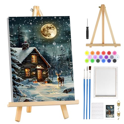 MOGTAA Weihnachten Winter Malen Nach Zahlen Erwachsene mit Rahmen, Weihnachten Hirsch Malen Nach Zahlen Mit Holzstaffelei, DIY Ölgemälde Leinwand Set Acrylic Malerei Bilder für Home Dekor, 20x30cm von MOGTAA