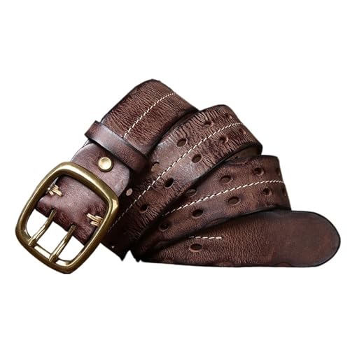 MOHUIED Gürtel Reines Rindsleder Echtes Leder Gürtel Männer Strap Männlich Doppel Nadel Messing Schnalle Gürtel Vintage Jeans Cowboy 3,8 cm Passt Überall Hin(105CM,Coffee) von MOHUIED