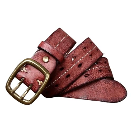 MOHUIED Gürtel Reines Rindsleder Echtes Leder Gürtel Männer Strap Männlich Doppel Nadel Messing Schnalle Gürtel Vintage Jeans Cowboy 3,8 cm Passt Überall Hin(105CM,Red Brown) von MOHUIED