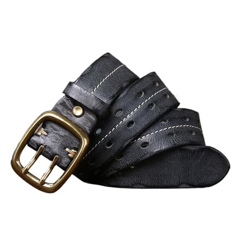 MOHUIED Gürtel Reines Rindsleder Echtes Leder Gürtel Männer Strap Männlich Doppel Nadel Messing Schnalle Gürtel Vintage Jeans Cowboy 3,8 cm Passt Überall Hin(120cm,Black) von MOHUIED