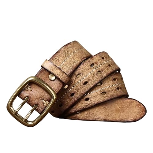 MOHUIED Gürtel Reines Rindsleder Echtes Leder Gürtel Männer Strap Männlich Doppel Nadel Messing Schnalle Gürtel Vintage Jeans Cowboy 3,8 cm Passt Überall Hin(125cm,Khaki) von MOHUIED