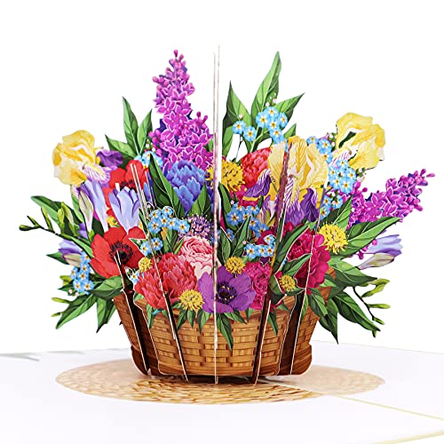 MOKIO® Pop-Up Blumenkarte – Farbenfroher Blumenkorb – 3D Geschenkkarte zum Geburtstag, als Gutschein oder für ein Geldgeschenk, Blumen Klappkarte mit Umschlag von MOKIO