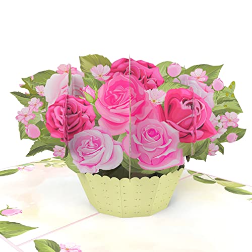 MOKIO® Pop-Up Blumenkarte – Blumenkorb mit Rosen – 3D Geschenkkarte zum Geburtstag, als Gutschein oder für ein Geldgeschenk, Blumen Klappkarte mit Umschlag von MOKIO