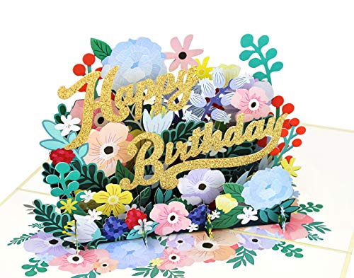MOKIO® Pop-Up Geburtstagskarte – Happy Birthday Blumen – 3D Glückwunschkarte zum Geburtstag, handgefertigte Gutschein Klappkarte mit Umschlag von MOKIO