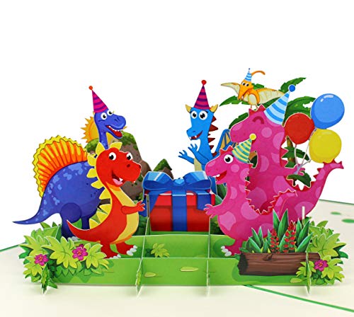 MOKIO® Pop-Up Geburtstagskarte – Happy Birthday Dino-Party mit Geschenk & Luftballons – 3D Geschenkkarte zum Geburtstag, handgefertigte Klappkarte mit Umschlag von MOKIO