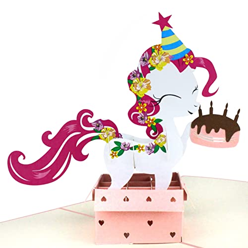 MOKIO® Pop-Up Geburtstagskarte – Happy Birthday Pony mit Geschenk und Torte – 3D Geschenkkarte zum Geburtstag, handgefertigte Klappkarte mit Umschlag, ideal für Geldgeschenke von MOKIO