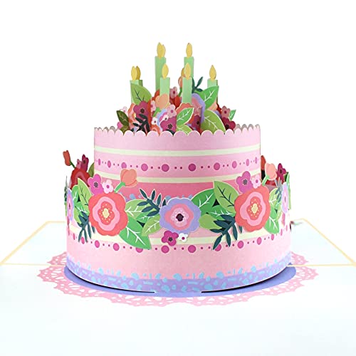 MOKIO® Pop-Up Geburtstagskarte – Happy Birthday Torte mit Kerzen & Blumen – 3D Geschenkkarte zum Geburtstag, handgefertigte Klappkarte mit Umschlag von MOKIO