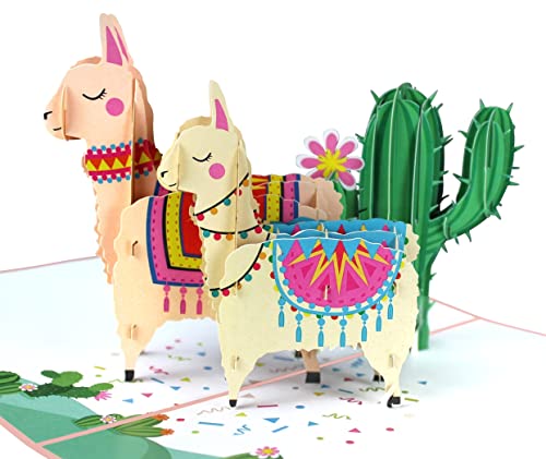 MOKIO® Pop-Up Karte – Lamas mit Kaktus – 3D Geschenkkarte zum Geburtstag, als Gutschein oder für Geldgeschenke, handgefertigte Klappkarte mit Umschlag von MOKIO