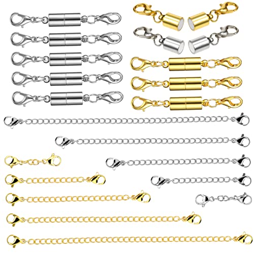 MOKKHNB 10Stücke Teiliges Kettenverlängerungen mit Magnetverschluss für DIY Schmuckherstellung Silberne und Goldene Kettenverlängerer und Magnet Lobster Clips für Designs von MOKKHNB