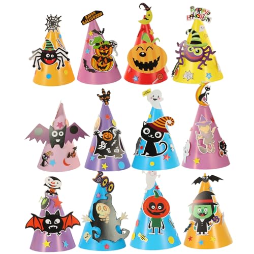 MOKKHNB 12 Stück Teiliges Halloween DIY Papierhut Bunte Bedruckte Cosplay Mützen aus Sicherem Papier Einfache Montage als Party Mitgebsel und Dekoration für Halloween Feiern von MOKKHNB