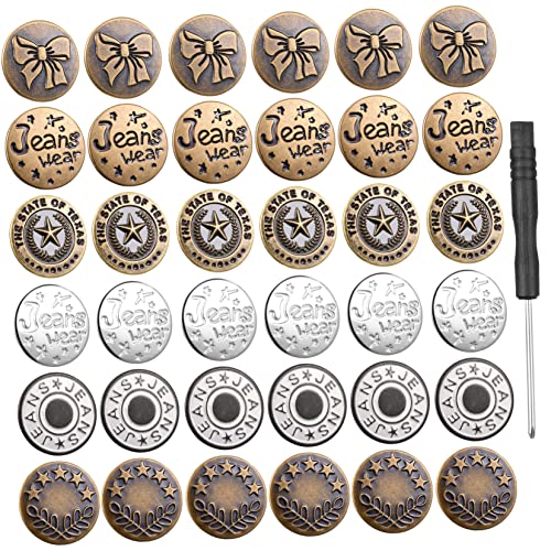 MOKKHNB 36Stücke Abnehmbare Jeansknöpfe Kupfer mit Schraubendreher Vielseitige Metallknöpfe für Hosen Jacken und Mäntel Verschiedenen Designs von MOKKHNB