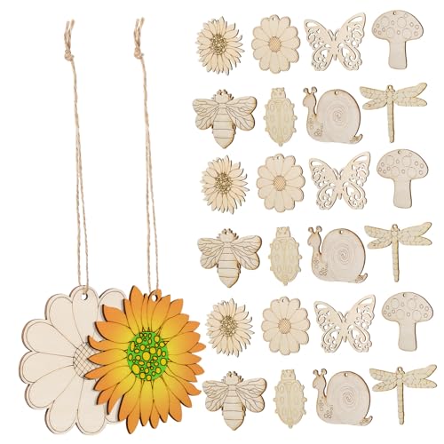 MOKKHNB 40Stücke Unvollendete Holzblüten Tiere zum Basteln Holz Ausschnitte mit Jute Seilen für Kreative DIY Dekoration für Wand und Raumgestaltung von MOKKHNB