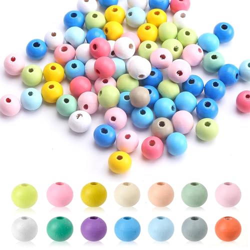 Holzperlen zum Auffädeln 300 Stück – Bunte Holzkugeln mit Loch 10mm, Groß für DIY Schmuck, Armbänder, Halsketten & Schnullerkette Selber Machen Set (Matte Farben) von MOLIMOLI