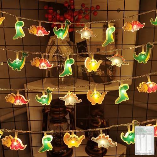 MOLVCE Dinosaurier Lichterkette Kinderzimmer Deko Innen, 1.5M 10 LED Warmweiß Acryl Lichterkette Batteriebetrieben mit Timer, Dekorative Lichter für Schlafzimmer, Kinderzimmer, Zelt, Bett von MOLVCE