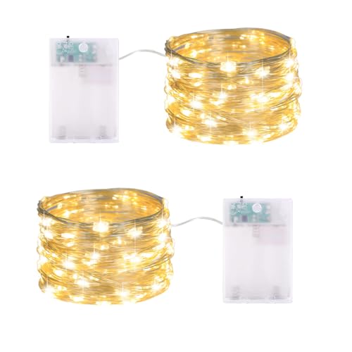 MOLVCE LED Lichterkette Batterie, 2 Stück 5M 50LED Micro LED Lichterkette mit Timer, Wasserdicht Silberdraht Lichterketten für Weihnachten, Party, Hochzeit, Balkon, Innen Außen, Warmweiß von MOLVCE
