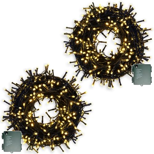 MOLVCE Lichterkette Batterie 2stk 200LEDs 20m LED Lichterkette Außen und Innen mit Timer, 9 Modi Lichterketten Batteriebetrieben für Weihnachten, Garten, Grünes Kabel Wasserdichte, Warmweiß von MOLVCE
