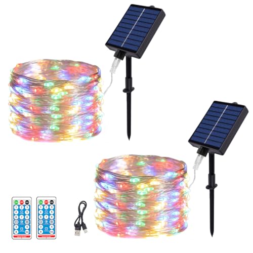 MOLVCE Solar Lichterkette Aussen, 2x10M 100LED Lichterkette Außen Solar, Kupferdraht Solarlichterkette IP65 Wasserdicht mit 8 Modi und Fernbedienung, Solarlichterkette für Balkon, Bunt von MOLVCE