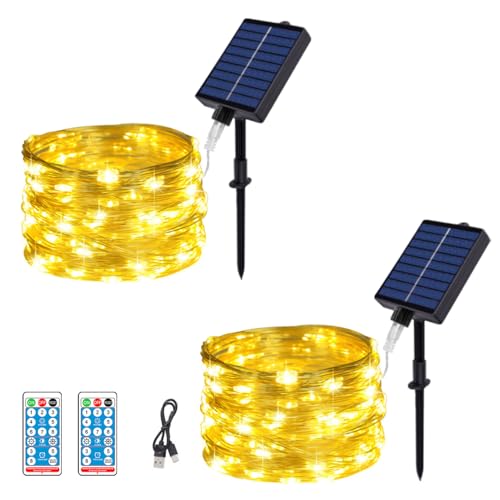 MOLVCE Solar Lichterkette Aussen, 2x10M 100LED Lichterkette Außen Solar, Kupferdraht Solarlichterkette IP65 Wasserdicht mit 8 Modi und Fernbedienung, Solarlichterkette für Balkon, Warmweiß von MOLVCE