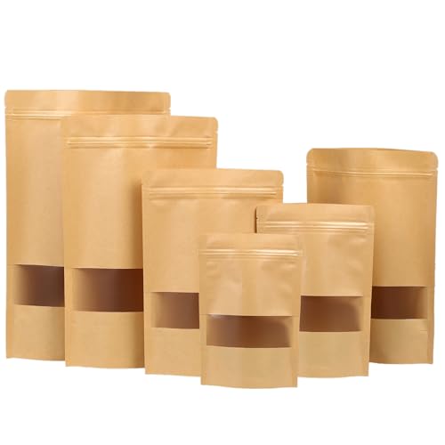 MOMAHUA 100 Stück Kraftpapiertüten mit Fenster, 14x20cm Kraftpapier Tüten, Wiederverwendbar Kekstüten Klein Papiertüten Braun Verschließbare für Nüsse Kaffeebohnen Teeblätter Süßigkeiten Snacks von MOMAHUA