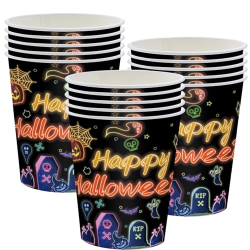 MOMAHUA 16 Stück Neon Glow Halloween Pappbecher Geschirr für 16 Personen, Halloween Becher Partygeschirr Set Inklusive 250ml Papierbecher Pappbecher Becher Dekor für Grusel Party Dekoration von MOMAHUA