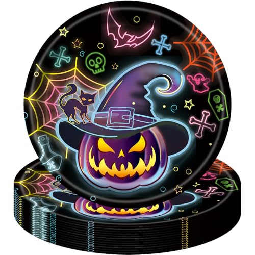 MOMAHUA 16 Stück Neon Glow Halloween Pappteller Geschirr für 16 Personen, Halloween Teller Partygeschirr Set Inklusive 23cm/9 Zoll Pappteller Partyteller Plates Dekor für Grusel Party Dekoration von MOMAHUA