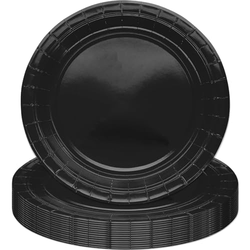 MOMAHUA 16 Stück Schwarz Pappteller Partygeschirr Set für 16 Gäste, 18CM Rund Teller Geschirr, 7inch Partyteller Geschirr Tisch Dekorationen Partygeschirr für Hochzeit Garten Geburtstag Party von MOMAHUA