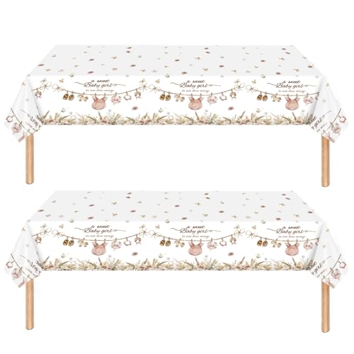 MOMAHUA 2Pcs Babyparty Deko Mädchen Tischdecke 137x274cm/54x108 Zoll, Hello Baby Girl Rosa Tischdecken, Rosa Rechteckige Tischdecken, Baby Shower, Gender Reveal Party Dekoration, Geburtstagsfeier von MOMAHUA