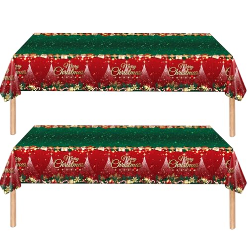 MOMAHUA 2Pcs Weihnachten Tischdecke, 137*274cm Weihnachten Tischtuch, Rot und Grün Tischtuch, Groß Fleckschutz Tischtuch, Tischwäsche, Rechteckig Tischdecke für Esstische, Couchtische, Geschenktische von MOMAHUA