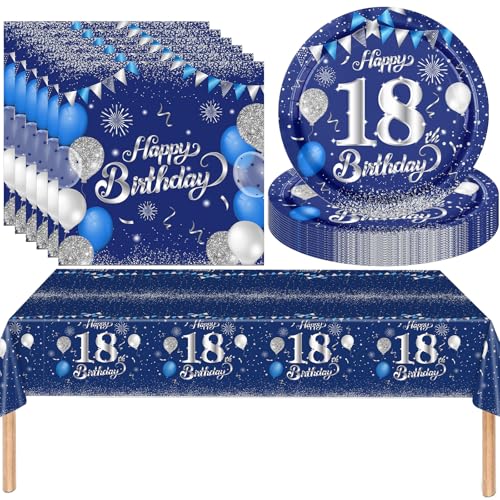 MOMAHUA 37Stk Blau Silber Partygeschirr Set, 18. Geburtstag Party Geschirr Pappteller, Tischdeko Geburtstag Mädchen Junge mit Tischdecken Pappteller Servietten Pappgeschirr für Geburtstagsdeko 18th von MOMAHUA