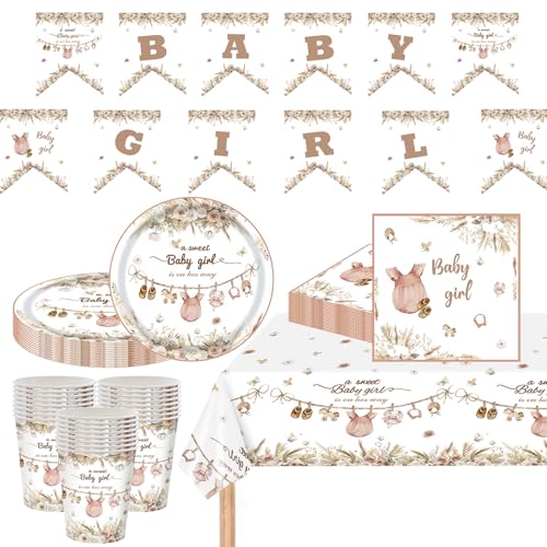 MOMAHUA 63 Stück Junge Babyparty Deko für 16 Gäste, Gender Reveal Partygeschirr mit Pappteller Pappbecher Servietten Tischdecke, Baby Boy Banner Girlande für Dusche Babyshowerparty Geburtstagsfeier von MOMAHUA