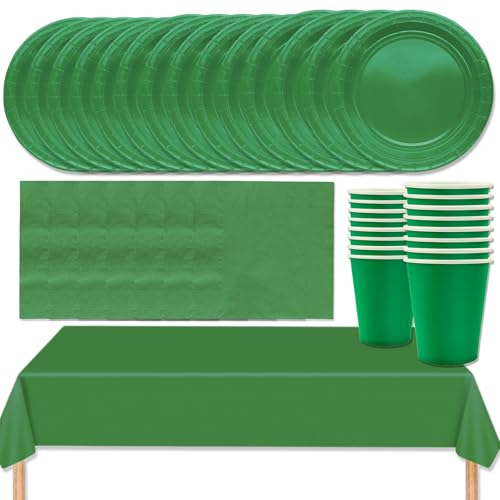 MOMAHUA 69 Stück Grün Partygeschirr Set für 16 Gäste,Papiergeschirr Set,Geburtstag Party Geschirr Set mit Tischdecke Pappteller Servietten Becher für Hochzeiten,Weihnachten Geburtstagsparty Deko von MOMAHUA