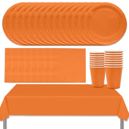 MOMAHUA 69 Stück Orange Partygeschirr Set für 16 Gäste,Papiergeschirr Set,Geburtstag Party Geschirr Set mit Tischdecke Pappteller Servietten Becher für Hochzeiten,Weihnachten Geburtstagsparty Deko von MOMAHUA