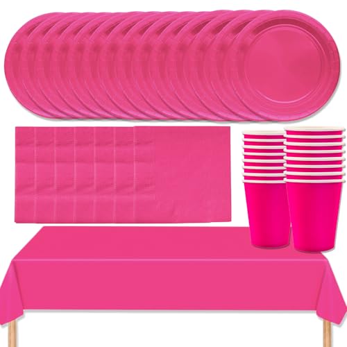 MOMAHUA 69 Stück Rosarot Partygeschirr Set für 16 Gäste,Papiergeschirr Set,Geburtstag Party Geschirr Set mit Tischdecke Pappteller Servietten Becher für Hochzeiten,Weihnachten Geburtstagsparty Deko von MOMAHUA