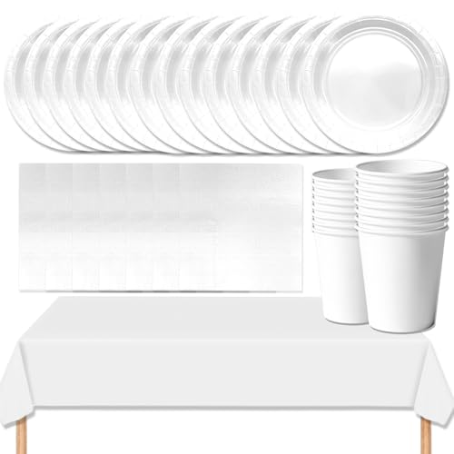 MOMAHUA 69 Stück Weiß Partygeschirr Set für 16 Gäste,Papiergeschirr Set,Geburtstag Party Geschirr Set mit Tischdecke Pappteller Servietten Becher für Hochzeiten,Weihnachten Geburtstagsparty Deko von MOMAHUA