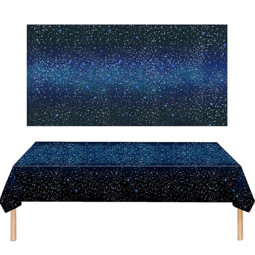 MOMAHUA Weltraum Galaxie Party Tischdecke Sternenhimmel Blau, 137 x 274cm Space Galaxy Tischtuch Rechteckige Tischdecke für Babyparty Jungen Mädchen Geburtstagsparty Hochzeit Weihnachten Zubehör von MOMAHUA