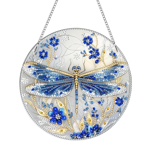 MOMAKA Libelle Diamond Painting Fensterbilder, Diamond Painting Anhänger, Diamond PaintingBlume, Diamant Painting mit Kette, Wandbehang Kits für Fenster Wand Eingang Garten Decor 20x20cm von MOMAKA