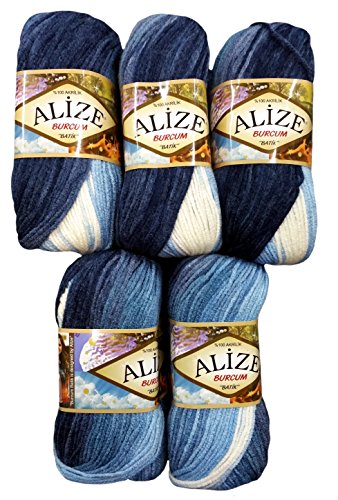 Alize Burcum Batik 5 x 100 Gramm Wolle Mehrfarbig mit Farbverlauf, 500 Gramm Strickwolle (dunkelblau hellblau 1899) von Alize Burcum Batik