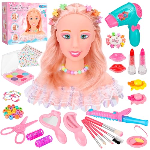 MOMOSTAR 58 Stück Frisierkopf Kinder Set, Schminkkopf für Mädchen, Puppenkopf Zum Frisieren Kinder mit Schminke Haarstyling Zubehör, Schminkpuppe Spielzeug Geschenk für Mädchen ab 3 4 5 6 Jahre von MOMOSTAR
