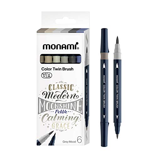 MONAMI Color Twin Brush Dual Brush Pen Double Tip Fine & Medium Marker for Coloring/Calligraphy/Lettering, Grey Mood 6-Pack (N.Grey 1, N. Grey 6, N.Grey 10, Warm Grey 3, Warm Grey 6, Taubengrau) von Monami
