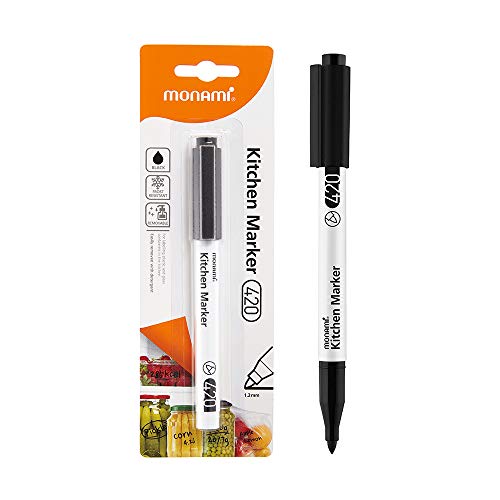 MONAMI Kitchen Marker 420, feine Spitze (1,2 mm), Permanentmarker für Kunststoff-Gefrierbeutel, Frischhaltedosen, Ziploc, radierbar mit Spülmittel, schwarz, 1 Stück von MONAMI