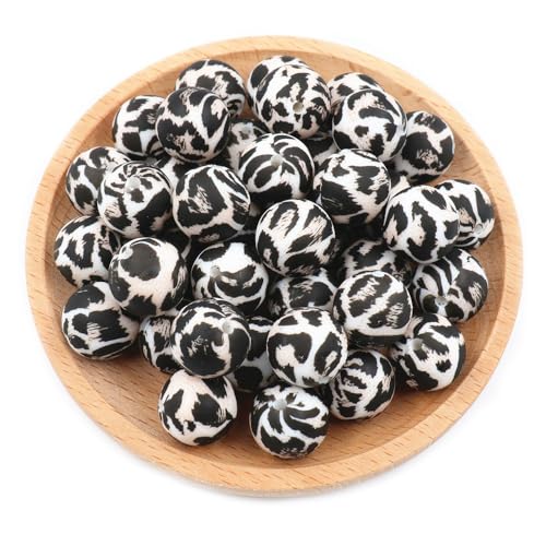 Leoparden-Silikonperlen, zum Basteln, 12 mm, 15 mm, 19 mm, rund, lose Abstandshalter, Großpackung für DIY-Schlüsselanhänger, Armbänder, 36 Stück (Leopard 2, 12 mm) von MONSEALYT
