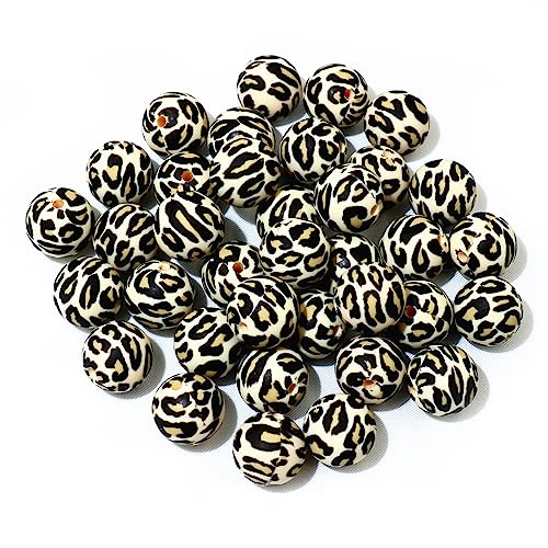 Leoparden-Silikonperlen, zum Basteln, 12 mm, 15 mm, 19 mm, rund, lose Abstandshalter, Großpackung für DIY-Schlüsselanhänger, Armbänder, 36 Stück (gelber Leopard, 12 mm) von MONSEALYT
