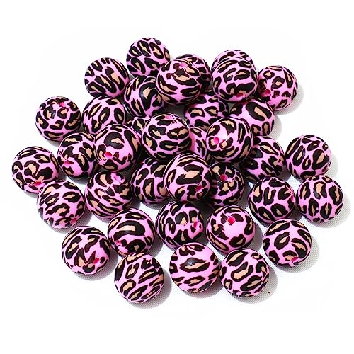 Leoparden-Silikonperlen, zum Basteln, 12 mm, 15 mm, 19 mm, rund, lose Abstandshalter, Großpackung für DIY-Schlüsselanhänger, Armbänder, 36 Stück (rosa Leopard, 19 mm) von MONSEALYT