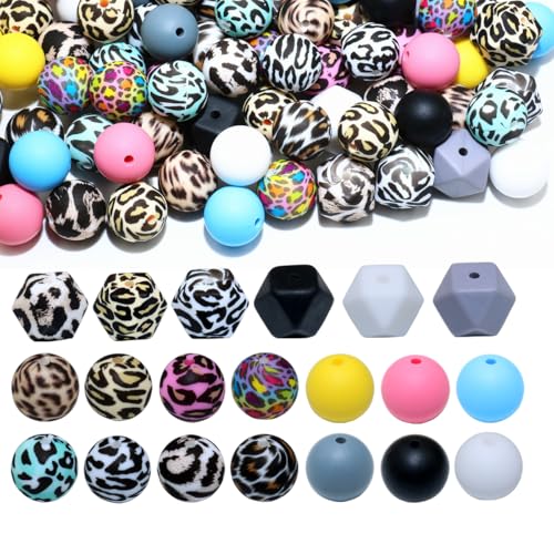 Silikonperlen in Leopardenform, für Schlüsselanhänger, Stifte, Halsketten, Schmuck, DIY, Armband, 96 Stück, 15 mm (Leopardenmuster) von MONSEALYT