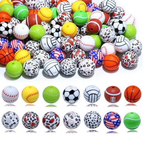 Sport-Silikonperlen für Schlüsselanhängerherstellung, 15 mm, Großpackung für Baseball, Volleyball, Fußball, Fokus, lose Perlen für Stifte, Armbänder, DIY-Schmuckherstellung, Zubehör (84-teiliges Sport-Silikonperlen für Schlüsselanhängerherstellung, 15 mm, Großpackung für Baseball, Volleyball, Fußball, Fokus, lose Perlen für Stifte, Armbänder, DIY-Schmuckherstellung, Zubehör (84-teiliges von MONSEALYT