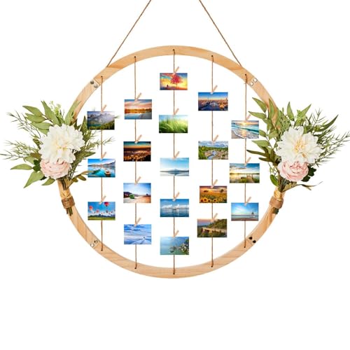 Großer Holz-Bilderrahmen für die Wand, 60 cm, runder Bilderrahmen zum Aufhängen, mit künstlichen Blumen und 15 Clips, verstellbare Schnur, Collage, Kunstwerke, Drucke, Multi-Bilder-Organizer und Großer Holz-Bilderrahmen für die Wand, 60 cm, runder Bilderrahmen zum Aufhängen, mit künstlichen Blumen und 15 Clips, verstellbare Schnur, Collage, Kunstwerke, Drucke, Multi-Bilder-Organizer und von MONT PLEASANT