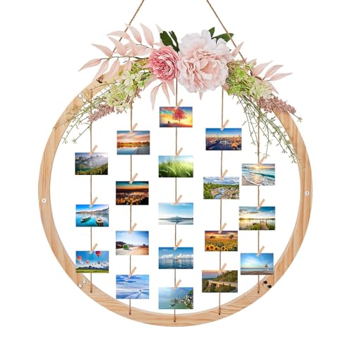 Holz-Bilderrahmen für Wanddekoration, 60 cm, rund, hängend, mit künstlichen Blumen und 15 Clips, verstellbare Schnur, Collage, Kunstwerke, Drucke, Multi-Polaroid-Bilder, Organizer Holz-Bilderrahmen für Wanddekoration, 60 cm, rund, hängend, mit künstlichen Blumen und 15 Clips, verstellbare Schnur, Collage, Kunstwerke, Drucke, Multi-Polaroid-Bilder, Organizer von MONT PLEASANT