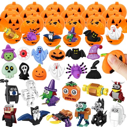 MOONTOY Halloween Mitgebsel Kinder, 24 Kürbisse mit 12 Squishies & 12 2-in-1-Bausteinsets, DIY Halloween-Geschenktüten-Füller, Süßes oder Saures und Klassenzimmer-Geschenke für Jungen und Mädchen 3+ von MOONTOY